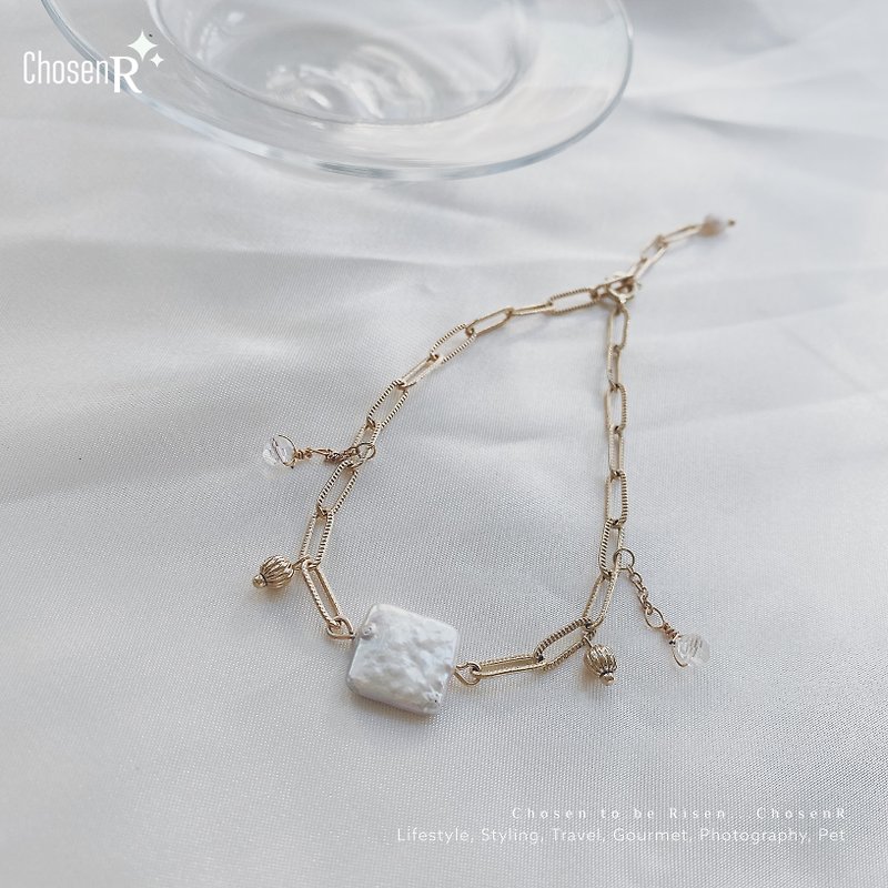 珍珠 手鍊/手鐲 白色 - 方塊巴洛克珍珠隨興垂墜手鍊