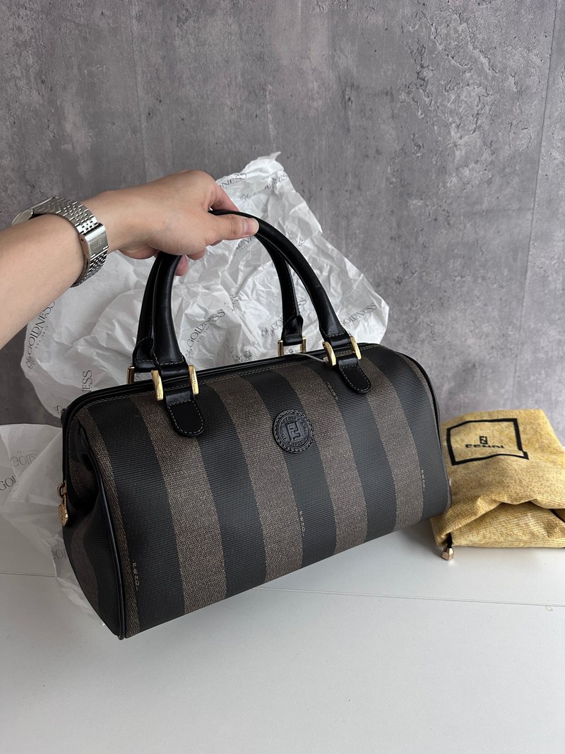 中古包 Fendi 芬迪 老花條紋 Boston 手提包 - 手提包/手提袋 - 棉．麻 卡其色