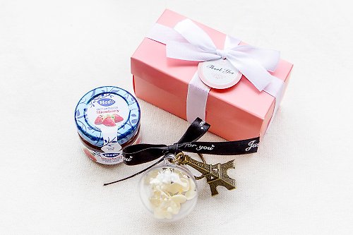 幸福朵朵 婚禮小物 花束禮物 Pink粉紅盒－藍蓋hero果醬+乾燥花鑰匙圈(鐵塔款) 小禮盒 6色可挑