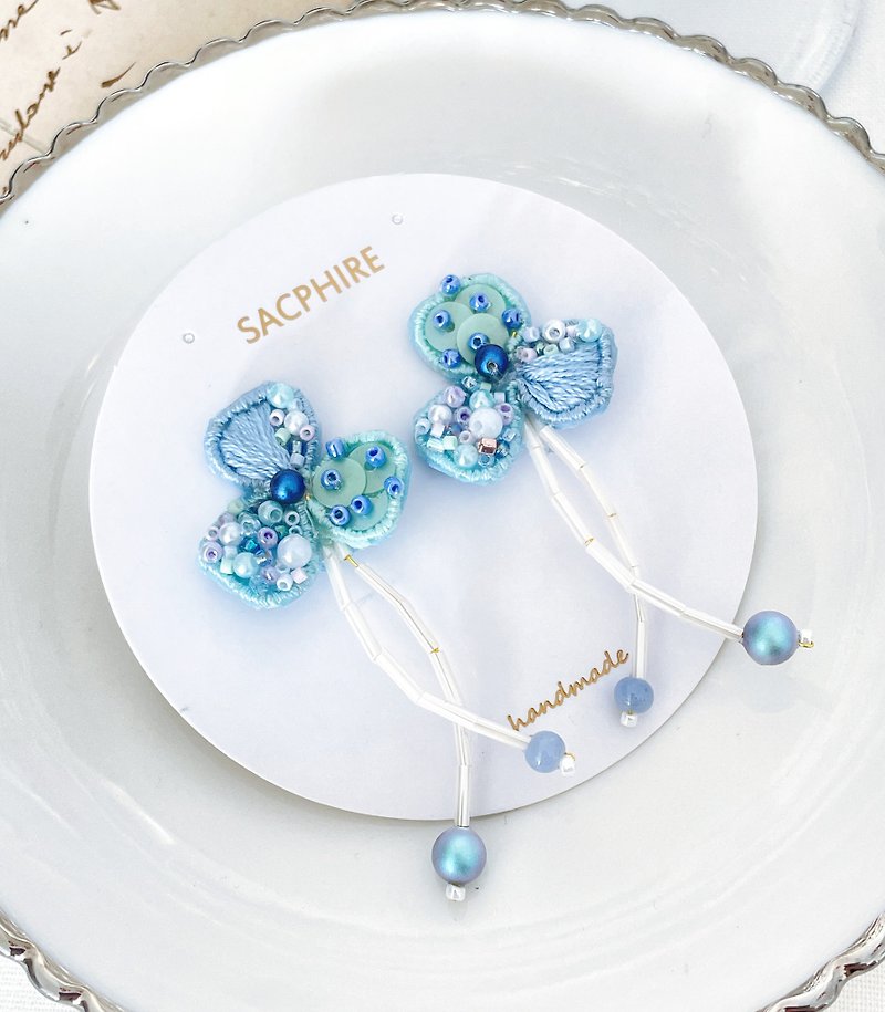 Ice blue embroidered earrings are dreamy, romantic and whimsical - Earrings & Clip-ons - Other Materials Blue