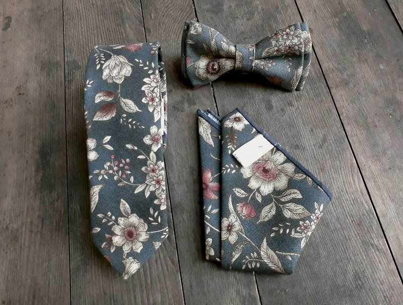 典雅風花卉 三件套組 - 領帶/領帶夾 - 棉．麻 多色