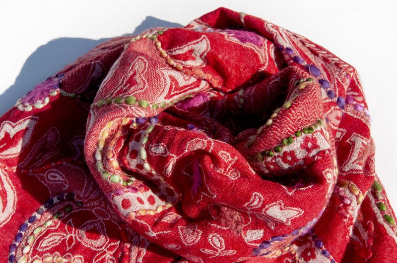 Cashmere/Boiled wool shawl/knitted scarf/embroidered scarf/cashmere shawl-flower - Knit Scarves & Wraps - Wool Red