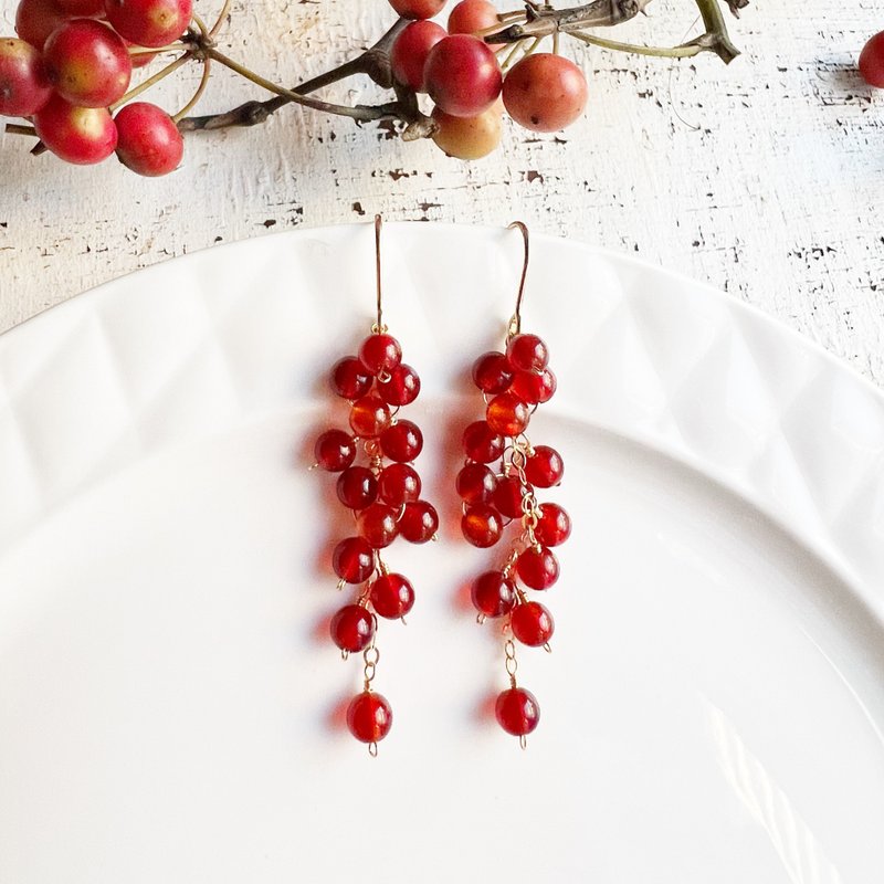 Nuts 14KGF Red Agate Chain Earrings - ต่างหู - เครื่องประดับพลอย สีแดง