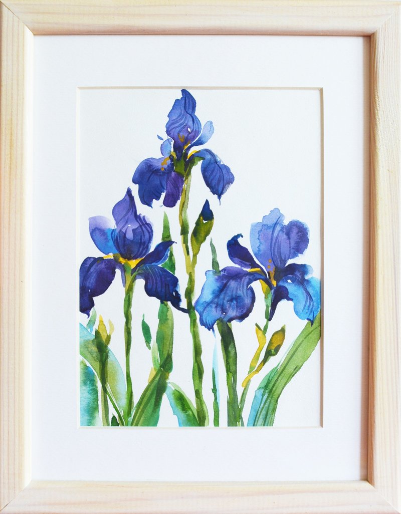鳶尾花原創水彩畫現代藝術藍色花朵畫 18x24 厘米 - 插畫/繪畫/寫字 - 紙 粉紅色