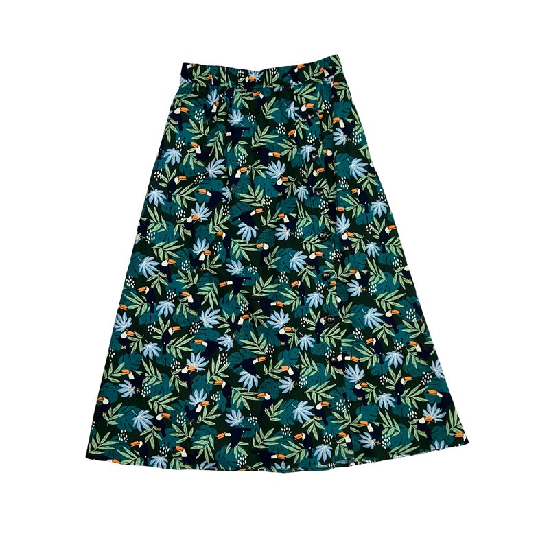 (Women's) Bird Print Skirt - Forest - กระโปรง - ผ้าฝ้าย/ผ้าลินิน สีเขียว