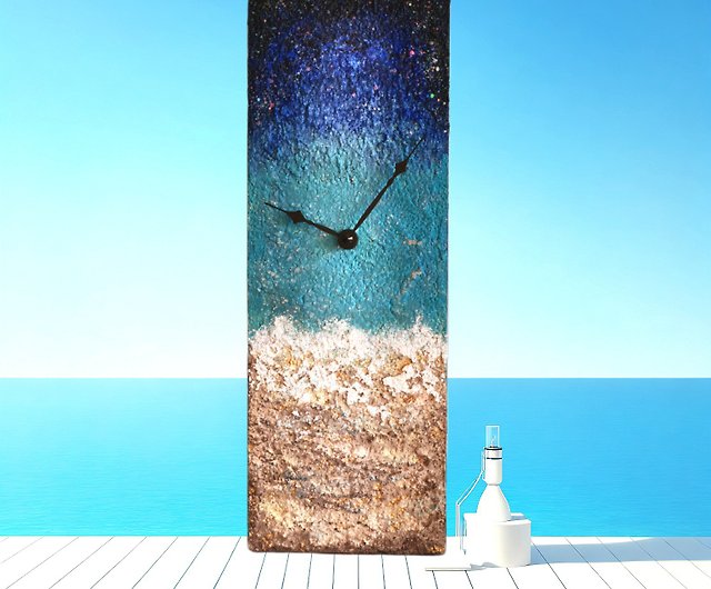 海の壁時計 テクスチャーの手作りペイント時計 ユニークなアートの青い