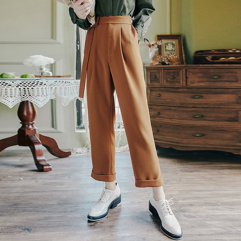 Early autumn wear new 2018 centuries retro fashion solid color with belt feet pants - กางเกงขายาว - วัสดุอื่นๆ สีนำ้ตาล
