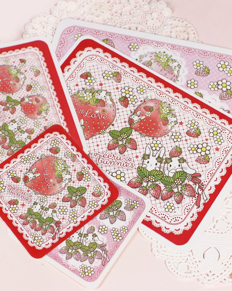 [2-color set] Postcards, mini cards, and stickers with matching strawberry date stamps Red and pink Rabbit, droopy-eared rabbit, cute strawberry - Cards & Postcards - Paper Red