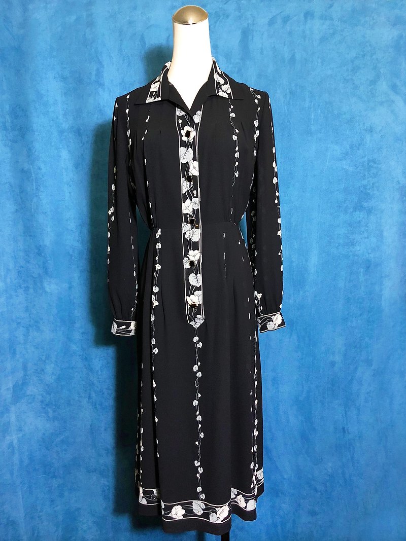 Vintage time [antique dress / elegant flower chiffon long-sleeved vintage dress] Vintage retro dress VINTAGE back - One Piece Dresses - Polyester Black