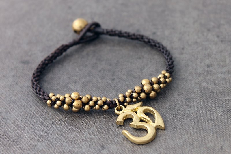 Om Symbol Beaded Bracelets Ohm Spiritual Woven Cuff Brass Beads Bracelets - สร้อยข้อมือ - ผ้าฝ้าย/ผ้าลินิน สีทอง