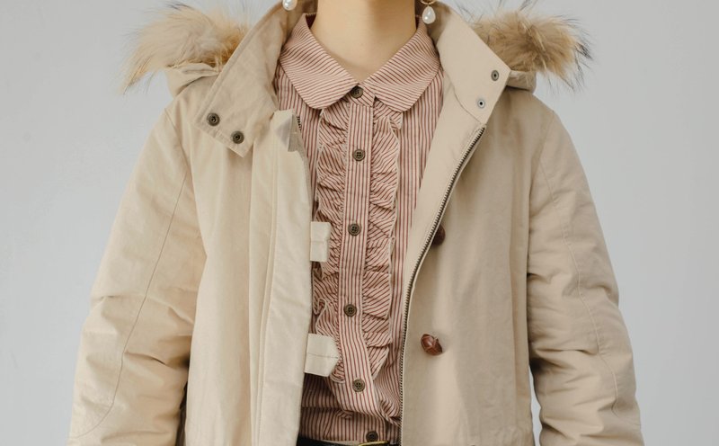 フレンチヴィンテージ ガールズユニセックス ゆったりミドル丈ダウンパーカーコート - トップス - コットン・麻 カーキ