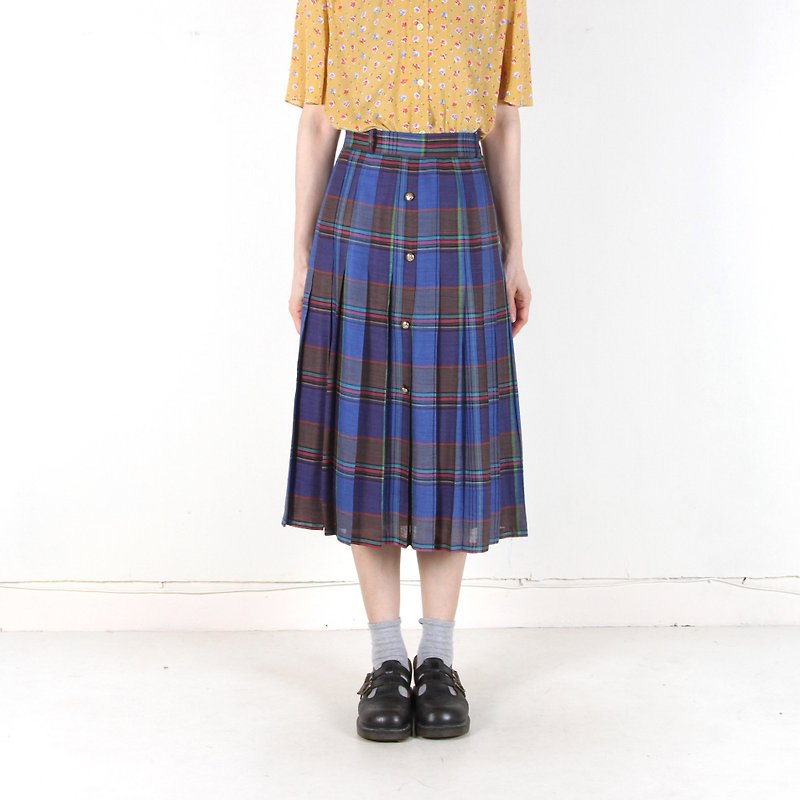 [An old egg plant] water color plaid printed pleated vintage dress - One Piece Dresses - Polyester Blue