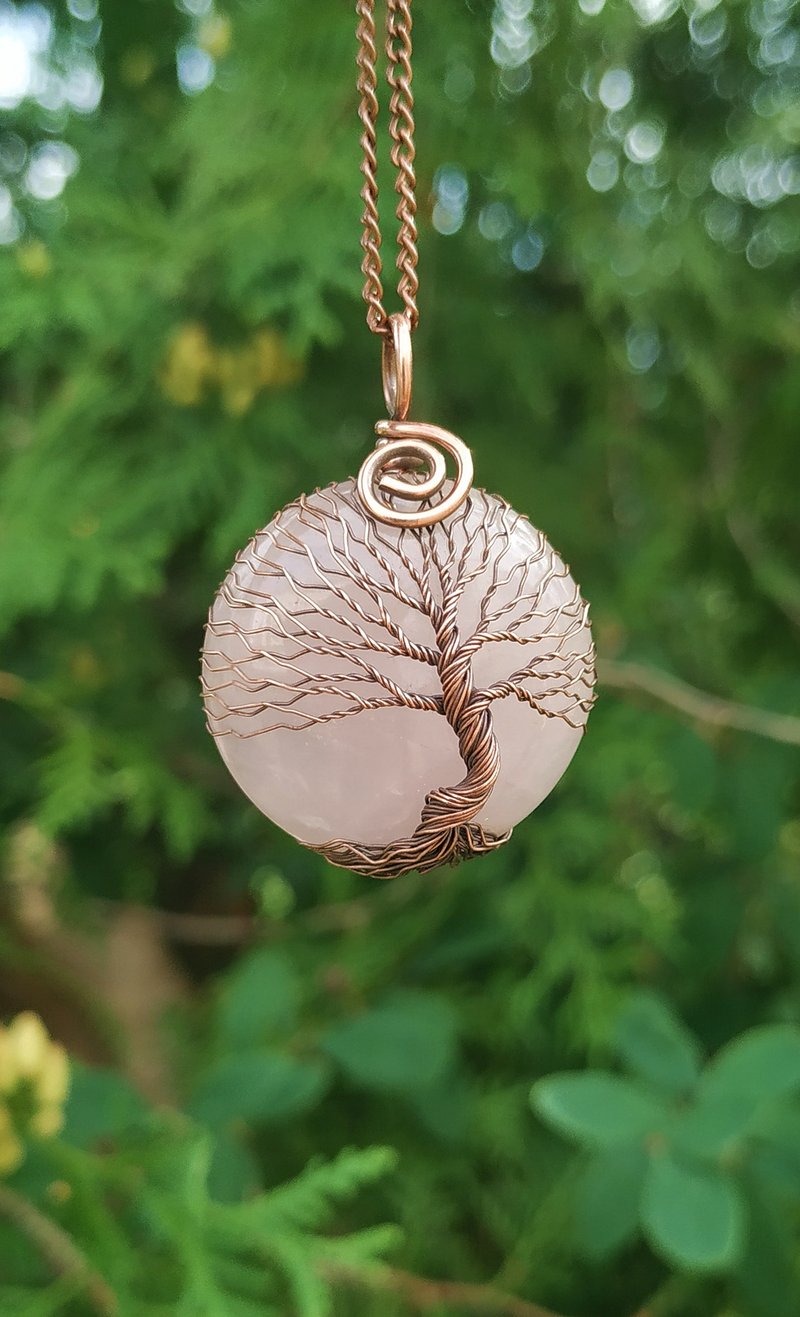 Wire Wrapped Quartz Ethnic Tree Of Life Pendant, Women/Men Protection Necklace - Necklaces - Gemstone Pink