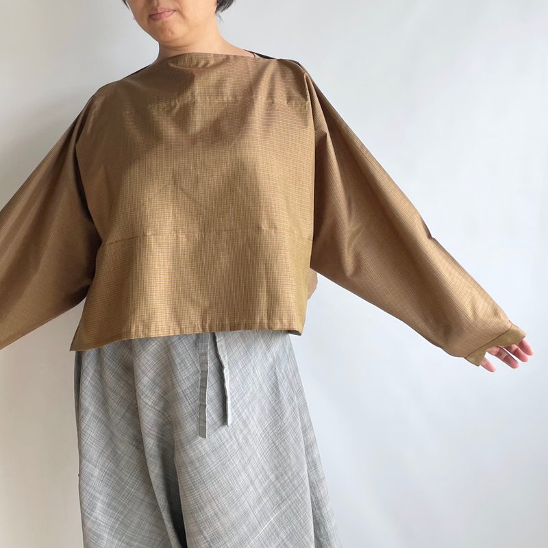 Unique item | T-shaped Pullover 2way -KIMONO TANZEN Silk, Ocher Grid - Women's Tops - Silk Gold