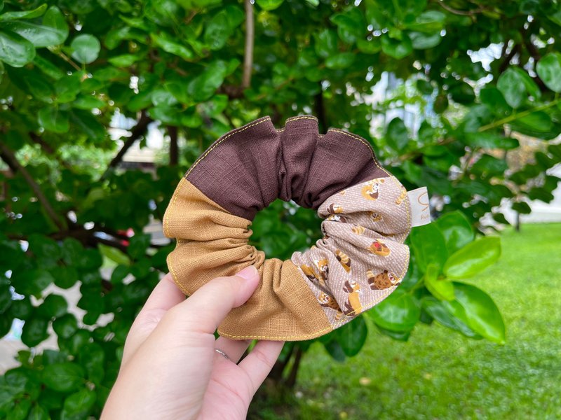 Three-piece lotus leaf scrunchie/donut/brown raccoon - เครื่องประดับผม - ผ้าฝ้าย/ผ้าลินิน สีนำ้ตาล