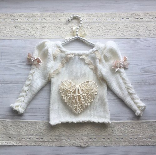 V.I.Angel Hand made knit ivory sweater with beige lace, pearls and blush pink ribbon