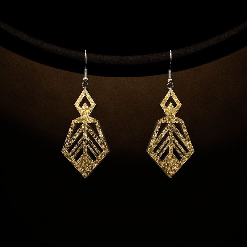 [Gatsby Series] Gatsby ArtDeco Metallic Cowhide Earrings/Earrings - Earrings & Clip-ons - Genuine Leather Gold