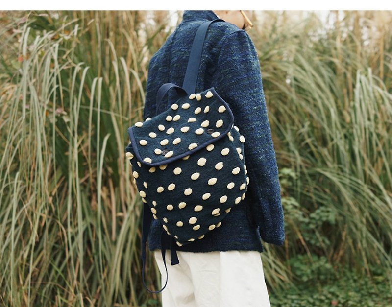 Blue hair ball knit wool beige polka dot backpack limited autumn and winter parent-child backpack - Backpacks - Wool Blue