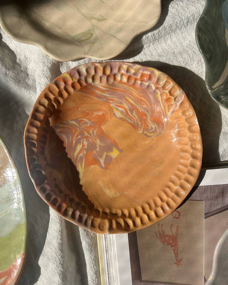 Hand Built Mini Bowl | Orange Marbling | Stamp | Ceramic Handmade - เซรามิก - ดินเผา สีส้ม