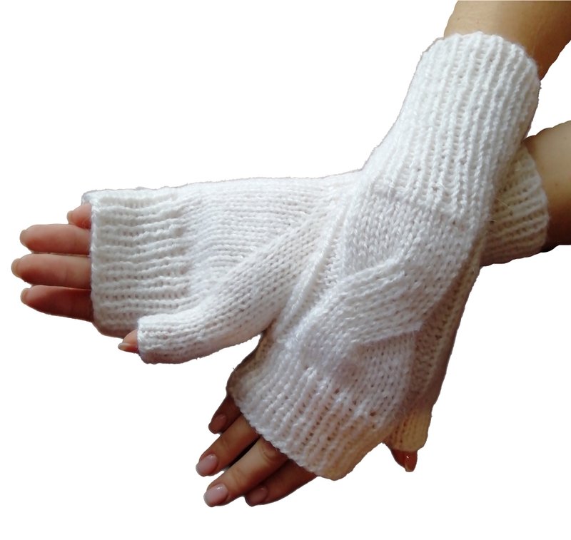 White Wool Knitted Mittens Handmade Fingerless Gloves Women Accessory Sleeve - Gloves & Mittens - Wool White