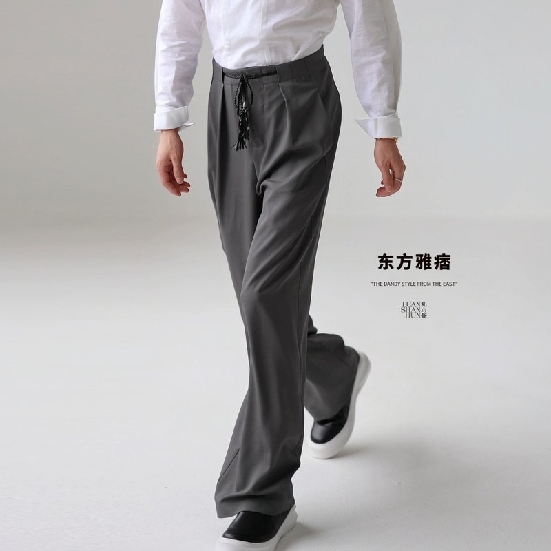 亂山昏 東方雅痞新中式國風原創深灰多褶垂順通勤休閒長褲百搭男 - 男長褲/休閒褲 - 其他材質 