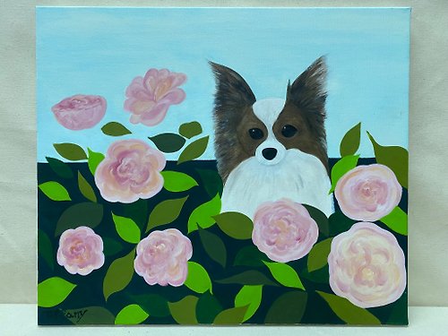 Tiffany Chen of Hope Art Studio 客製化/蝴蝶犬與法國玫瑰/油畫彩繪/藝術裝飾