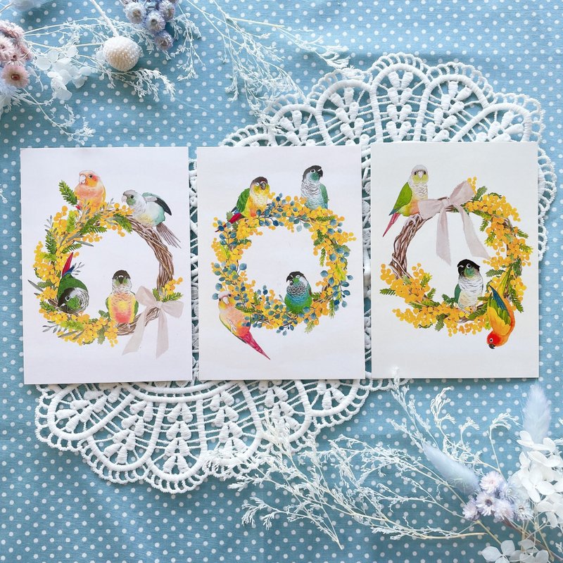 Rolia's Handmade Parrot/Cherry Blossom/Wreath Postcards (Group of 3) - Cards & Postcards - Paper Multicolor