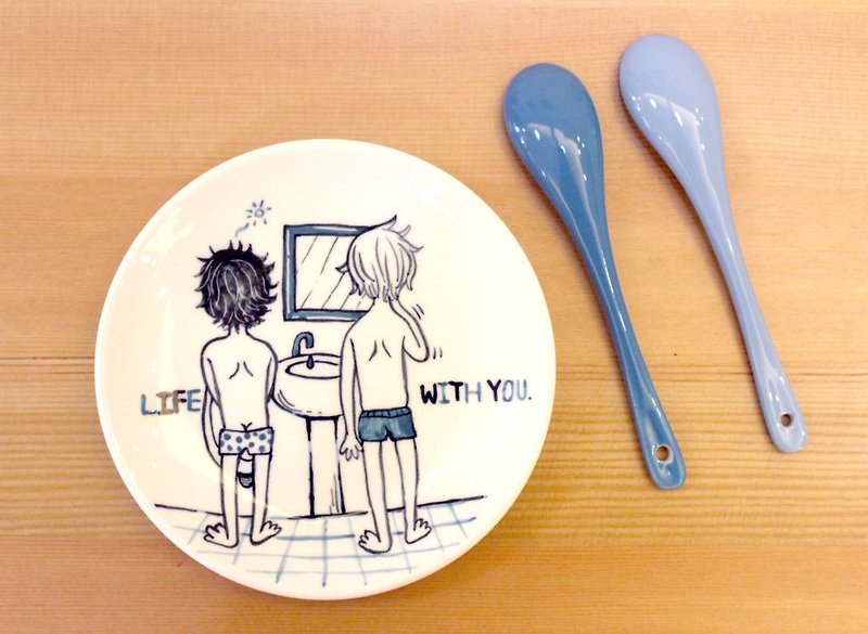 Life With You ♥ him his dessert plate X - จานเล็ก - วัสดุอื่นๆ สีน้ำเงิน