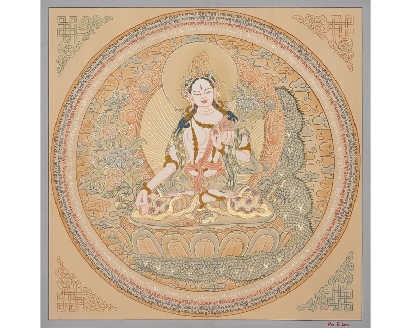 神聖白度母曼陀羅 — 純淨與守護的真言唐卡 - 壁貼/牆壁裝飾 - 其他材質 多色