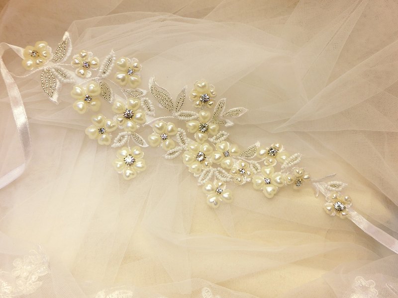 古典優雅水鑽蕾絲 珍珠髮帶頭環-C-0008-3 - 髮飾 - 其他材質 白色