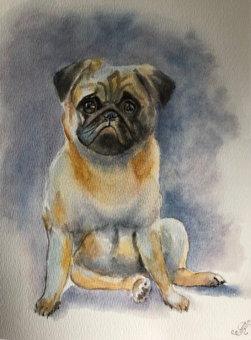 Dog cute original watercolour painting pet animal portrait wall art - Wall Décor - Paper Multicolor