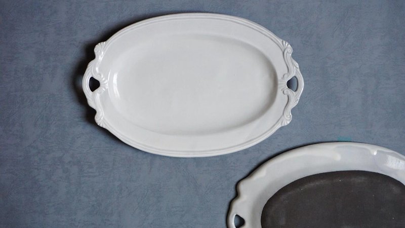 日本陶藝作家 益子燒吉沢窯手作創意 白色復古大托盤 - 盤子/餐盤 - 陶 
