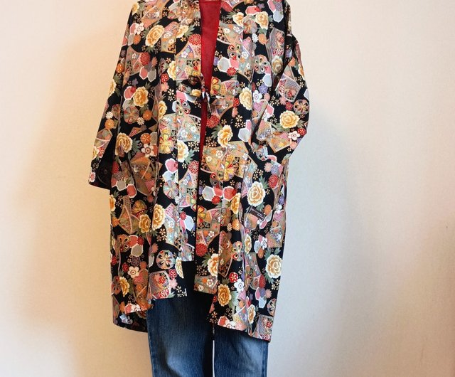 手縫い ロング 羽織 和服 牡丹の花 レトロ レディース ユニ