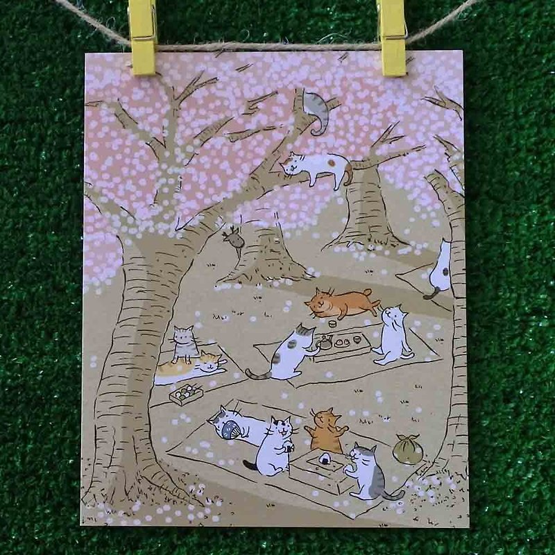 3貓小舖貓咪插畫明信片(畫家:貓小姐) – 貓賞櫻 - 心意卡/卡片 - 紙 