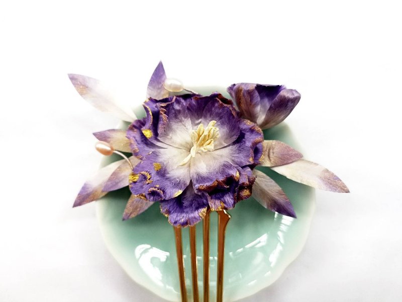 Purple Peony Velvet Flower Traditional Handmade Hairpin Head Accessories - เครื่องประดับผม - งานปัก สีม่วง