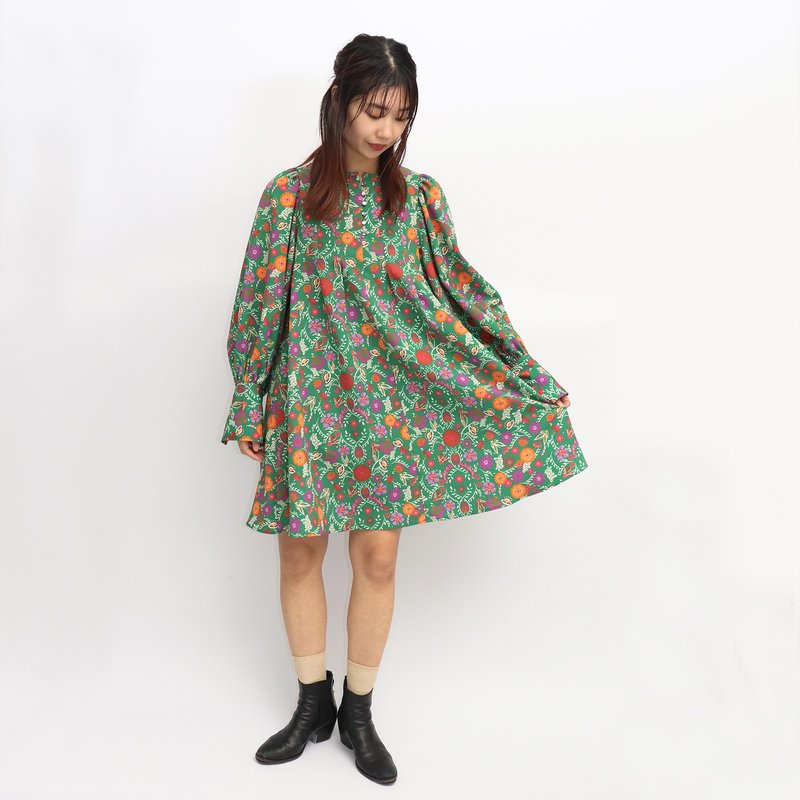 Botanical Patterned Sleeve Volume Mini Dres - One Piece Dresses - Polyester Green