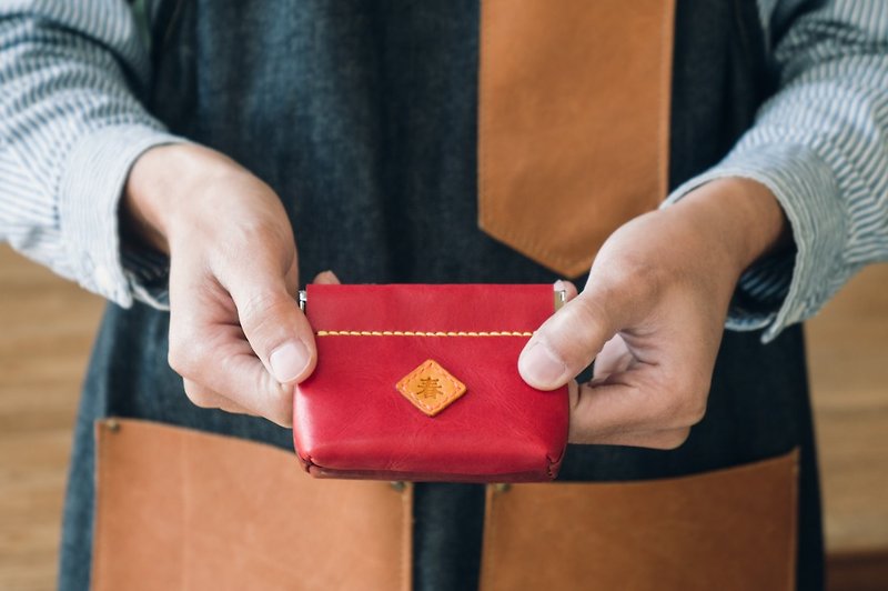 Yingchunkou gold coin purse gift box leather red bag / W7-002 / finished product - ถุงอั่งเปา/ตุ้ยเลี้ยง - หนังแท้ หลากหลายสี