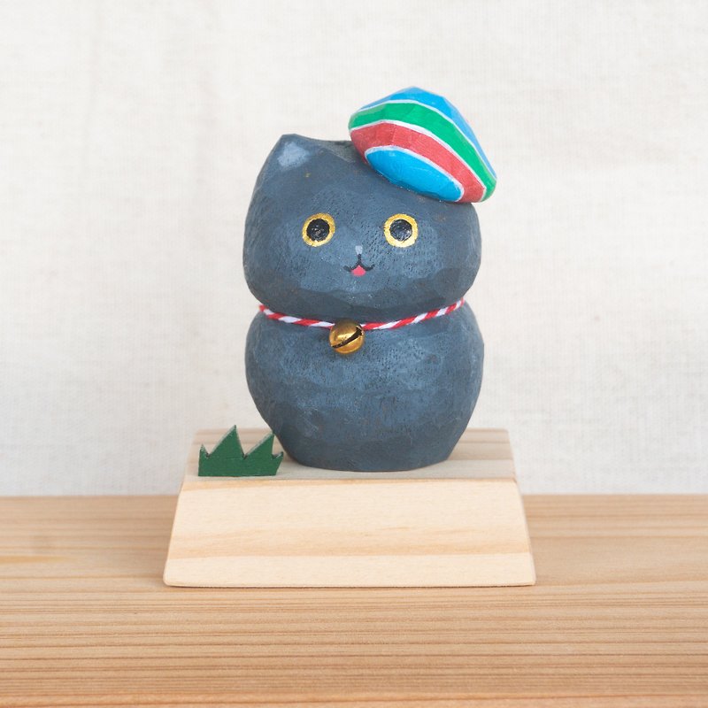 【Eggplant】Wood Carved Lucky Cat・Cat Carved Animal Series - Items for Display - Wood Gray