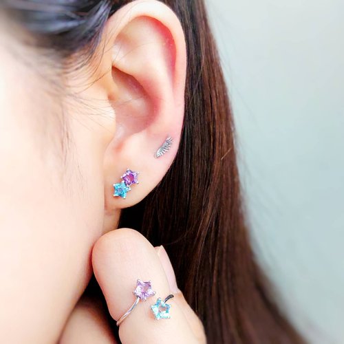 Tamasii Jewellery 雙子星星紫晶瑞士藍託帕石純銀開口戒指