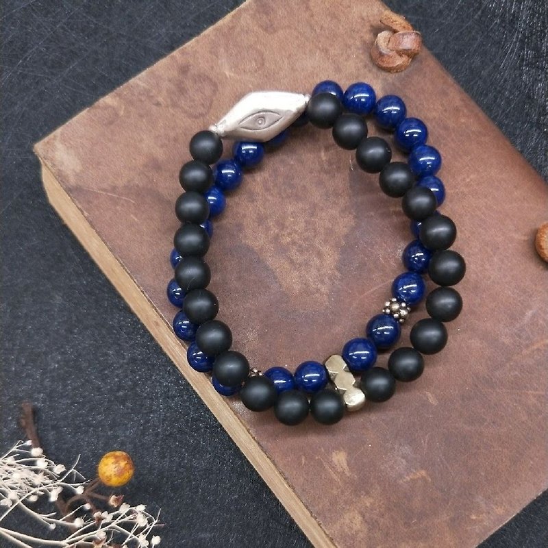 [The only product] lapis lazuli*black chalcedony*sterling silver double circle bracelet Valentine's Day Christmas gift - สร้อยข้อมือ - เครื่องเพชรพลอย สีน้ำเงิน