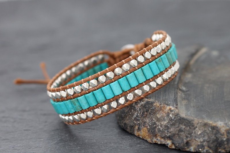 Turquoise Tube Silver Light Brown Bracelets Bohemian Style - Bracelets - Stone Blue