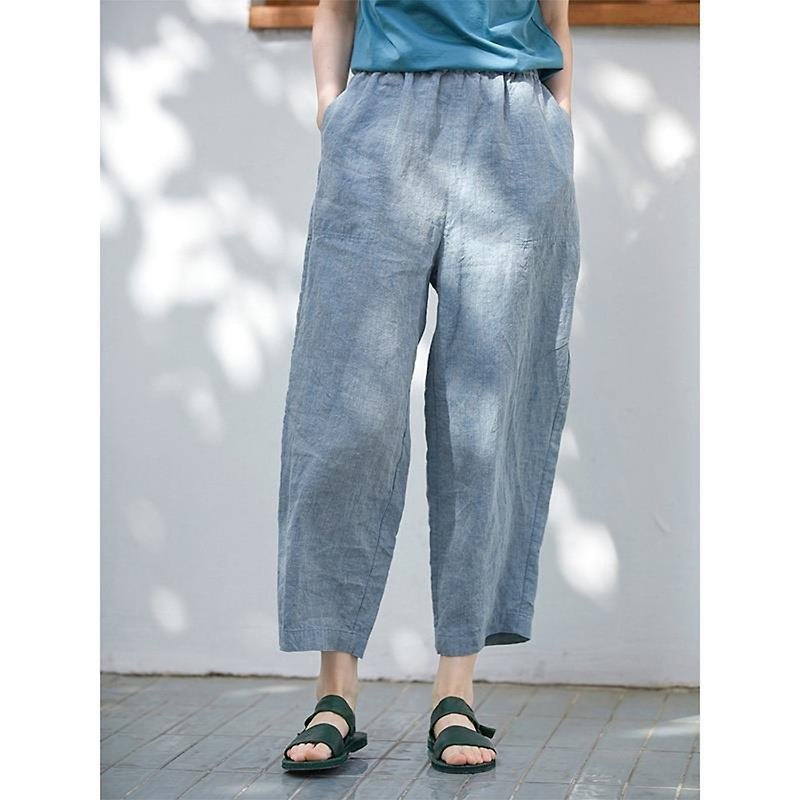 Fine-count high-density linen light blue carrot pants cropped pants - กางเกงขายาว - ผ้าฝ้าย/ผ้าลินิน 