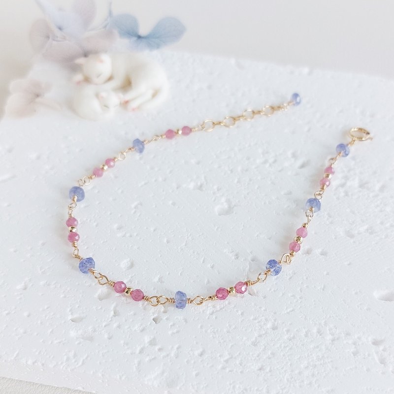 Sakura Pink Tourmaline + Stone x 14KGF Bracelet - สร้อยข้อมือ - เครื่องประดับพลอย สึชมพู