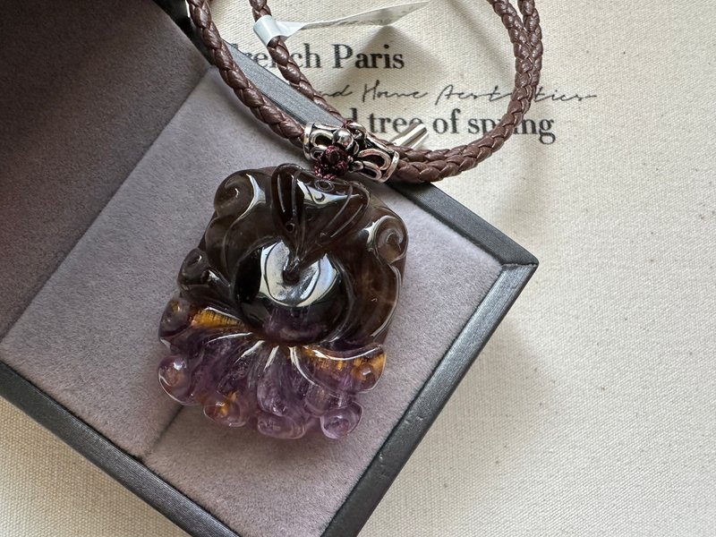 Purple Aurora Titanium Nine Tailed Fox Hand Carved Lambskin Rope Necklace - Necklaces - Crystal 