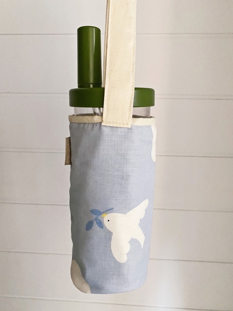 hairmo baby blue bird drink tote bag-cloth (ice dam cup / hand crank / thermos / elephant cup) - Beverage Holders & Bags - Cotton & Hemp Blue