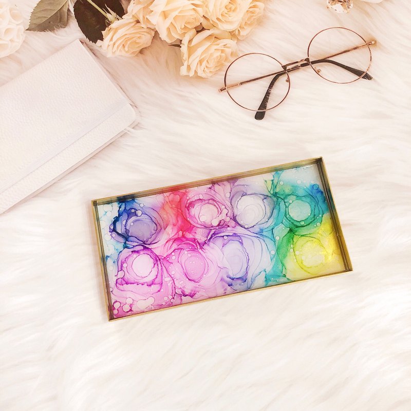 Alcohol Ink Art Gold Brass / Aluminium Tray - Pastel Rose - Items for Display - Other Metals Multicolor
