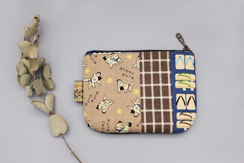 Cotton & Hemp Wallets Blue - Ping An Xiao Le Bao - Sumo wrestler and hibiscus (Japanese cloth), double-sided two-color wallet