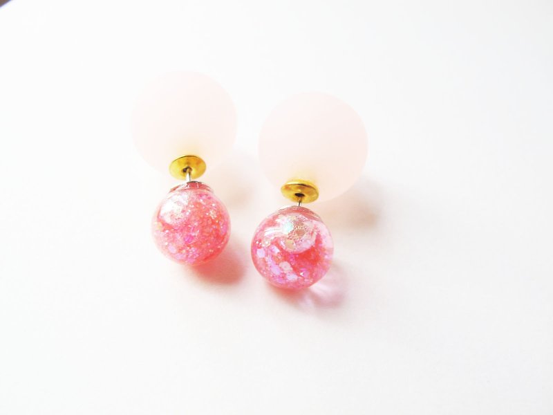 * Rosy Garden * Grapefruit orange flowing glitter crystal ball pin earrings with resin balls ear plug - ต่างหู - แก้ว สีส้ม