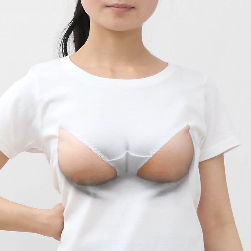 Mousou Buttocs on chest T-shirt/ WM size - เสื้อเชิ้ตผู้หญิง - ผ้าฝ้าย/ผ้าลินิน ขาว