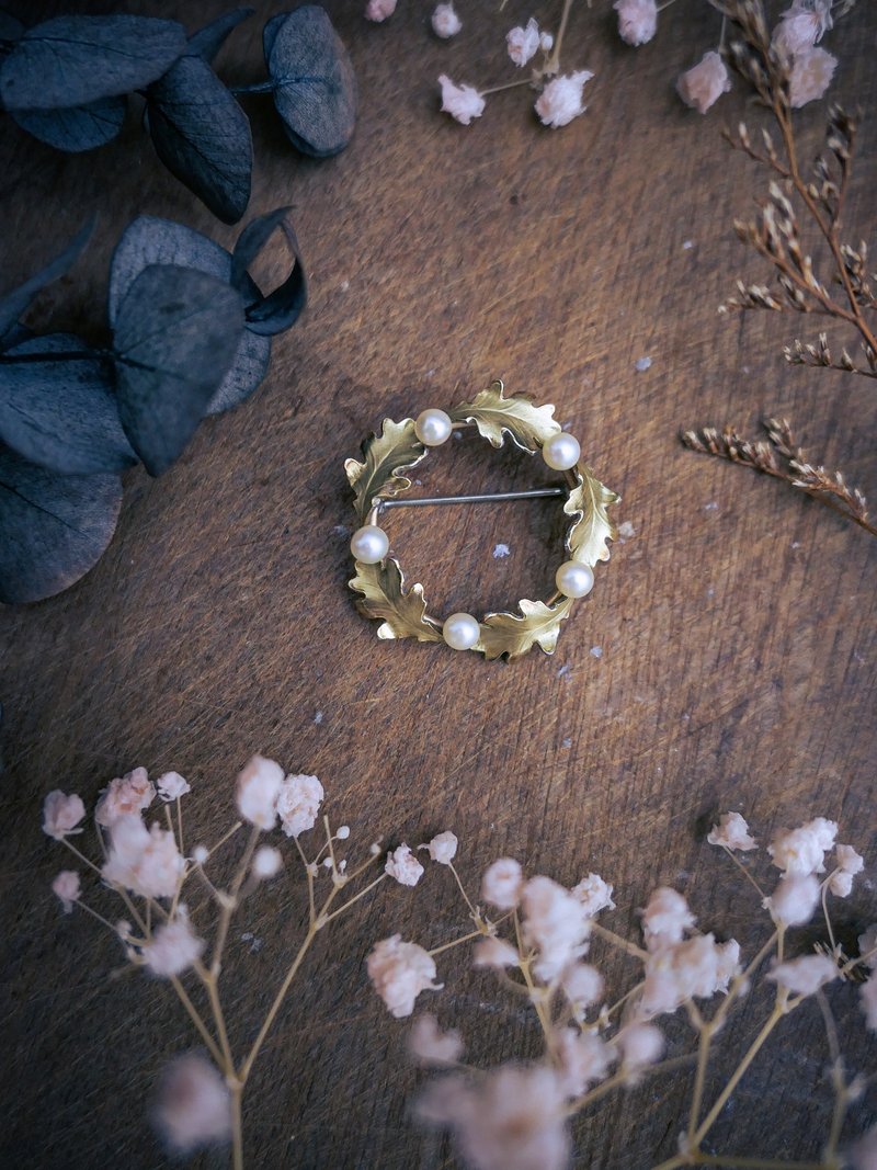 Krementz 橡樹葉珍珠花圈胸針－美國古董首飾 Vintage Jewel - 胸針 - 珍珠 
